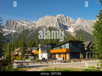 Beautiful Housing and Rocky Mountain Scenes and Pine Forest in Canmore Banff National Park Alberta Canada Stock Photo