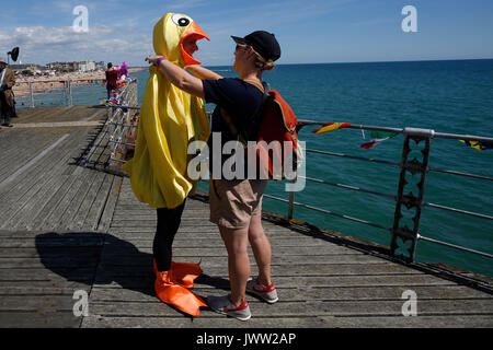 Bognor Regis, UK. 13th August, 2017. A participant in costume prepares to fly as far as possible in a hand made flying machine off the end of Bognor Resgis pier during the International Bognor Birdman competition at Bognor Regis, West Sussex, UK Sunday August 13, 2017. A hot and sunny afternoon with a gentle breeze provided the perfect weather conditions for the annual event. Photograph : Credit: Luke MacGregor/Alamy Live News Stock Photo