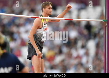London, UK. 13th Aug, 2017. Germany's Mateusz Przybylko gestures after his successful attempt at high jump at the IAAF London 2017 World Athletics Championships in London, United Kingdom, 13 August 2017. Photo: Rainer Jensen/dpa/Alamy Live News Stock Photo