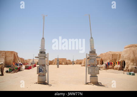 Two futuristic vaprisors are standing at the entrance of the Star Wars set 'Mos Espa' in Tunisia, 29 May 2017. Beduins have openend their shops; a local group tries to protect the scenery. Photo: Simon Kremer/dpa Stock Photo