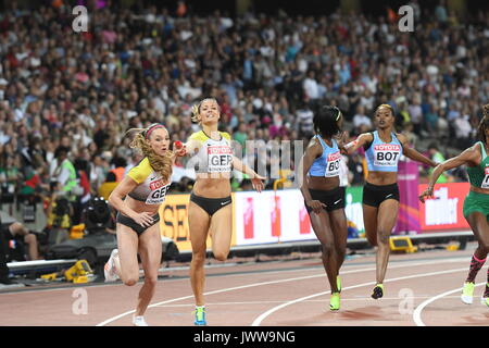 London, UK. 13th Aug, 2017. Ruth Sophia Spelmeyer (2nd from left) from Germany passes the staff to Laura Muller (L) during the women's 4 x 100 meter relay at the IAAF London 2017 World Athletics Championships in London, United Kingdom, 13 August 2017. Photo: Rainer Jensen/dpa/Alamy Live News Stock Photo