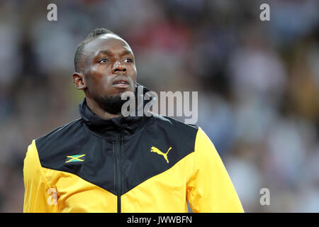 London, UK. 13th August 2017. Usain Bolt (Jamaica) on a farewell lap of honour after retiring from athletics at the 2017 IAAF World Championships, Queen Elizabeth Olympic Park, Stratford, London, UK. Credit: Simon Balson/Alamy Live News Stock Photo