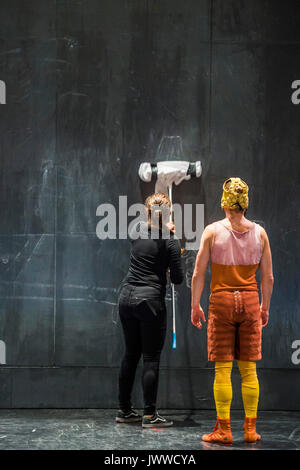 London, UK. 14th August, 2017. Preparing for the next act - Cirkus Cirkör perform the UK premiere of Limits at Southbank Centre's Royal Festival Hall. A Scandinavian contemporary circus company which combines energy with acrobatic artistry. The current show was conceived by Founder and Artistic Director Tilde Björfors as part of his trilogy exploring migration. London 14 Aug 2017. Credit: Guy Bell/Alamy Live News Stock Photo