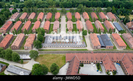 The former concentration camp Auschwitz-Birkenau can be seen with a reconstructed gas chamber including crematorium (L) in Oswiecim, Poland, 26 June 2017 (taken with a drone). The major paramilitary organization in Nazi Germany, SS (Schutzstaffel, lit. 'Protection Squadron'), ran the concentration and death camp between 1940 and 1945. Approximately 1.1 to 1.5 million people, most of them Jewish, have been killed in the camp and its satellites. Auschwitz stands as the symbol for the industrialized mass murder and the holocaust of Nazi Germany. Photo: Jan Woitas/dpa-Zentralbild/dpa | usage worl Stock Photo