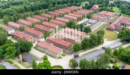 The former concentration camp Auschwitz-Birkenau can be seen with a reconstructed gas chamber including crematorium (L) in Oswiecim, Poland, 26 June 2017 (taken with a drone). The major paramilitary organization in Nazi Germany, SS (Schutzstaffel, lit. 'Protection Squadron'), ran the concentration and death camp between 1940 and 1945. Approximately 1.1 to 1.5 million people, most of them Jewish, have been killed in the camp and its satellites. Auschwitz stands as the symbol for the industrialized mass murder and the holocaust of Nazi Germany. Photo: Jan Woitas/dpa-Zentralbild/dpa | usage worl