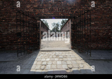 A view into the yard between Block 10 and 11 in the former Auschwitz concentration camp in Oswiecim, Poland, 26 June 2017. Executions have taken place at the 'Black Wall' in the yard between Block 10 and 11 until December 1943. The major paramilitary organization in Nazi Germany, SS (Schutzstaffel, lit. 'Protection Squadron') ran the concentration and death camp between 1940 and 1945. Approximately 1.1 to 1.5 million people, most of them Jewish, have been killed in the camp and its satellites. Auschwitz stands as the symbol for the industrialized mass murder and the holocaust of Nazi Germany. Stock Photo