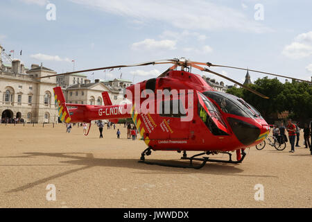 Westminster. London, UK. 14th Aug, 2017. An air ambulance in Horse Guard Parade in Whitehall, attending an emergency in Westminster Credit: Dinendra Haria/Alamy Live News Stock Photo