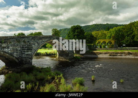 Llanrwst ancient stone bridge and tea rooms and Conwy river Snowdonia ...