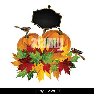 Thanksgiving vector autumn composition with pumpkins and fall leaves and birds with black board for your text on a white background Stock Vector