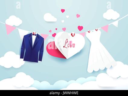 White dress and blue suit with heart sign hanging on cloud sky background Stock Vector