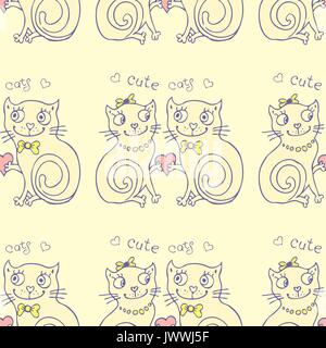 seamless  pattern vector background with different cute cats, objects and hearts Stock Vector