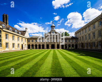 Emmanuel College Cambridge Clocktower and Front Court, part of the University of Cambridge, UK. Founded 1584. Architect: Sir Christopher Wren. Stock Photo