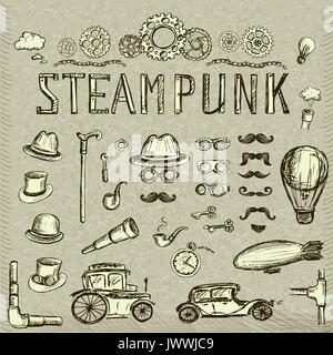 Set Steampunk collection, hand drawn vector illustration. Stock Vector