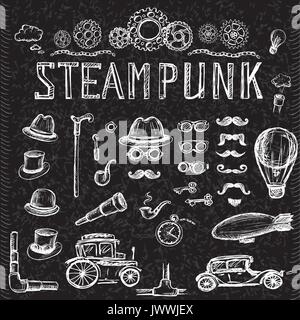 Set Steampunk collection on black, hand drawn vector illustration. Stock Vector