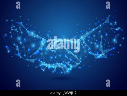 Wireframe handshake mesh from a starry on blue background. Business concept Stock Vector