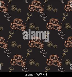 Seamless pattern Steampunk with old car . Hand drawing. Seamless pattern can be used for wallpaper, pattern fills, web page backgrounds, surface textu Stock Vector