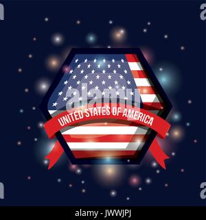 color dark blue background with brightness of hexagon shape flag united states of america with label tape Stock Vector