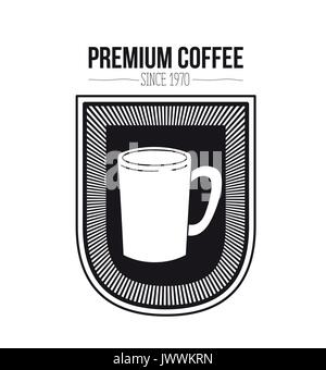 white background of text premium coffee beans since 1970 and logo design of decorative emblem with silhouette mug Stock Vector