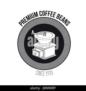 white background of text premium coffee beans since 1970 and logo design of circular shape decorative frame with silhouette grinding with crank Stock Vector