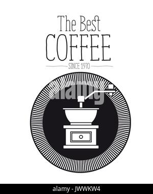 white background of text the best coffee since 1970 and logo design of circular shape decorative frame with silhouette grinding with crank Stock Vector