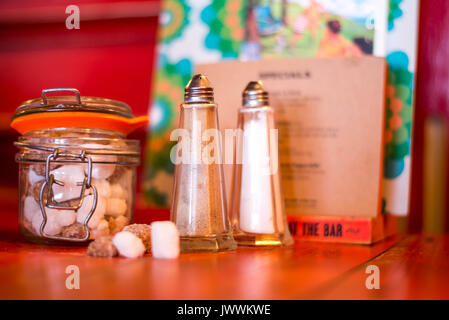 Salt and pepper shakers on light grey table, closeup. Space for text Stock  Photo - Alamy