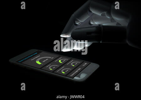 Internet of things , artificial intelligence , industry 4.0 technology network concept. Robot ai hand using white phone to control system power usage  Stock Photo