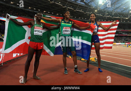 Burundi's Francine Niyonsaba (silver), South Africa's Caster Semenya (gold) and USA's Ajee Wilson (bronze) celebrate after the Women's 800m final during day ten of the 2017 IAAF World Championships at the London Stadium. PRESS ASSOCIATION Photo. Picture date: Sunday August 13, 2017. See PA story ATHLETICS World. Photo credit should read: Adam Davy/PA Wire. RESTRICTIONS: Editorial use only. No transmission of sound or moving images and no video simulation. Stock Photo