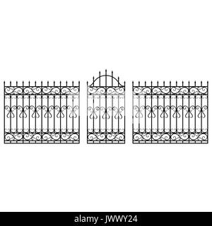 Vector illustration wrought iron modular railing and fence. Vintage gate with swirls. Black forged fence Stock Vector