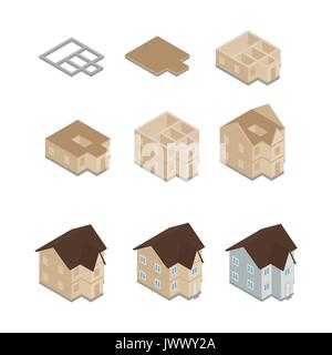 Vector illustration house, building construction phases isometric icons set isolated on white background Stock Vector