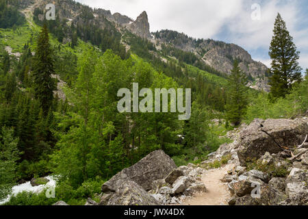 The Granite Canyon Trail winding through boulders and scree below large cliffs as Granite Creek flows below the trail. Grand Teton National Park, Wyom Stock Photo