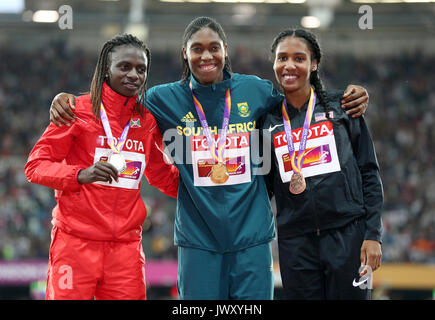 Francine Niyonsaba (silver) South Africa's Caster Semenya (gold) and USA's Ajee Wilson (bronze) for the Women's 800m final during day ten of the 2017 IAAF World Championships at the London Stadium. PRESS ASSOCIATION Photo. Picture date: Sunday August 13, 2017. See PA story ATHLETICS World. Photo credit should read: Jonathan Brady/PA Wire. RESTRICTIONS: Editorial use only. No transmission of sound or moving images and no video simulation. Stock Photo