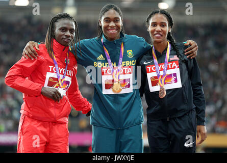 Francine Niyonsaba (silver) South Africa's Caster Semenya (gold) and USA's Ajee Wilson (bronze) for the Women's 800m final during day ten of the 2017 IAAF World Championships at the London Stadium. Stock Photo