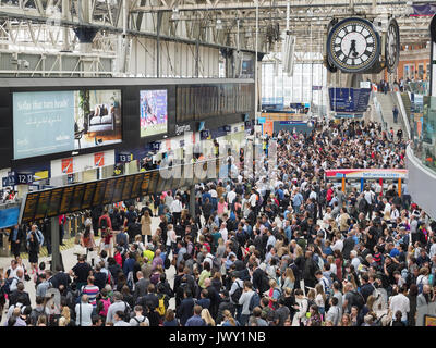 A view looking down on the crowded concourse at Waterloo Station in London due to platform closures during the 2017 station engineering upgrade Stock Photo