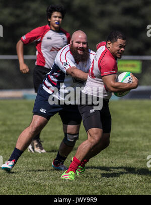 The Bald Eagles vs. Chico Mighty Oaks at the Rugby Sevens Tournament in Mount Shasta, California. Stock Photo
