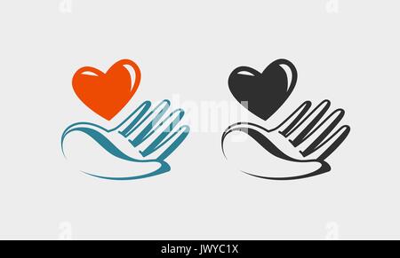 Hand holding red heart, icon or symbol. Love, charity, health, donation logo. Vector label Stock Vector