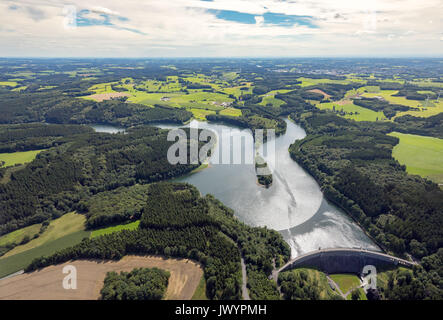 Ennepetal dam Radevormwald, river Ennepe, Bergisches country fields landscape, Ennepetal, Ruhr, Nordrhein-Westfalen, Germany, Ennepetal, Europe, Aeria Stock Photo