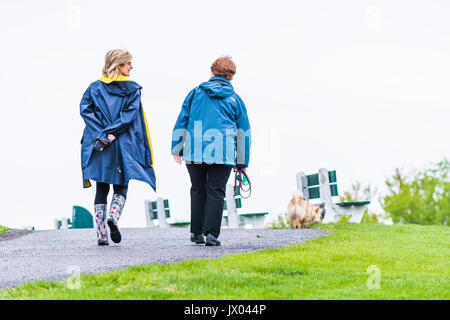 Quebec City, Canada - May 30, 2017: Two women walking on trail path street in plaines d'Abraham in morning during rainy day with dogs Stock Photo