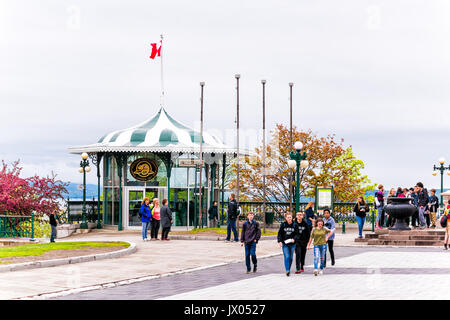 Quebec City, Canada - May 30, 2017: Old town view of Frontenac building gazebo gift shop and people on dufferin terrace Stock Photo