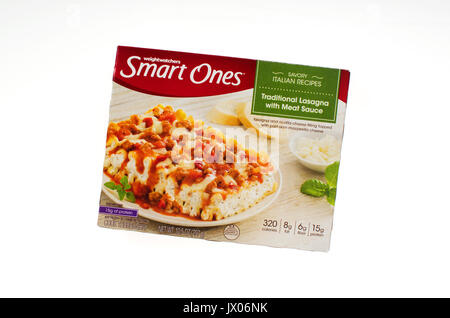 Unopened package of Weight Watchers Smart Ones frozen ready-meal Savory Italian Recipes Traditional Lasagna with Meat Sauce on white background, USA. Stock Photo