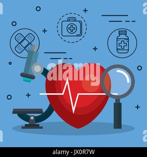 Microscope with heart magnifying glass and medical objects over blue background Stock Vector