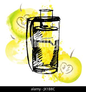 Juicer with apple. Apple juice with juicer and splashes, sketch hand draw illustration with watercolor elements Stock Vector