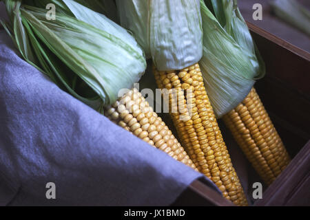 Fresh corn cobs in a wooden box Stock Photo