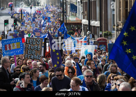 Hundreds of thousands of people protest in the Unite for Europe March on Parliament against Brexit demonstration on 25th March 2017 in London, United  Stock Photo