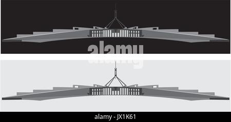 A black and white silhouette of the Australian parliament house, Canberra Stock Vector
