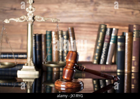 Gavel, books, scales, Themis. Law concept. Place for text. Stock Photo