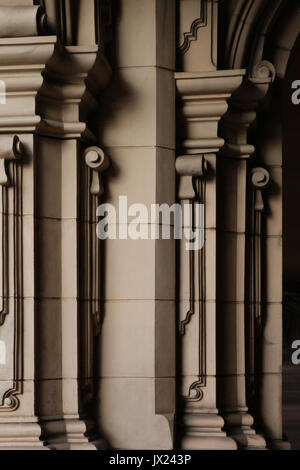 Arcade columns and decorations of Casa de Balboa  in Balboa Park, San Diego, California showing architectural features of the reconstructed building. Stock Photo