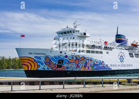 Chi-Cheemaun Ferry Arriving At South Baymouth Ferry Terminal, Ontario, Canada Stock Photo