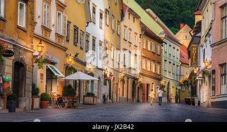 Street view of Ljubljana, Slovenia, evening time Stock Photo