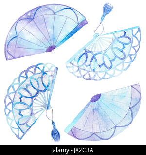 Watercolor hand drawn painting blue fans on white background Stock Photo