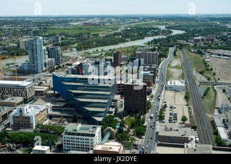 The Calgary Municipal Building and Apartment Buildings in Downtown Calgary with the Bow River Alberta Canada from Calgary Tower Stock Photo